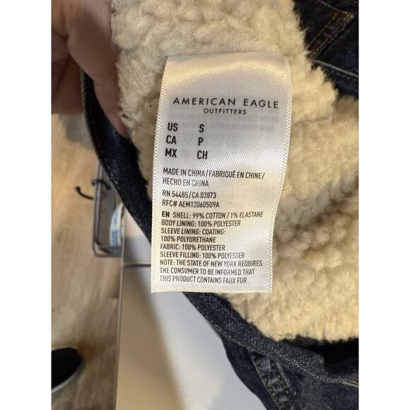 American Eagle Denim Jacket Mens Small Blue Sherpa Lined Bomber Trucker Biker - Picture 4 of 10